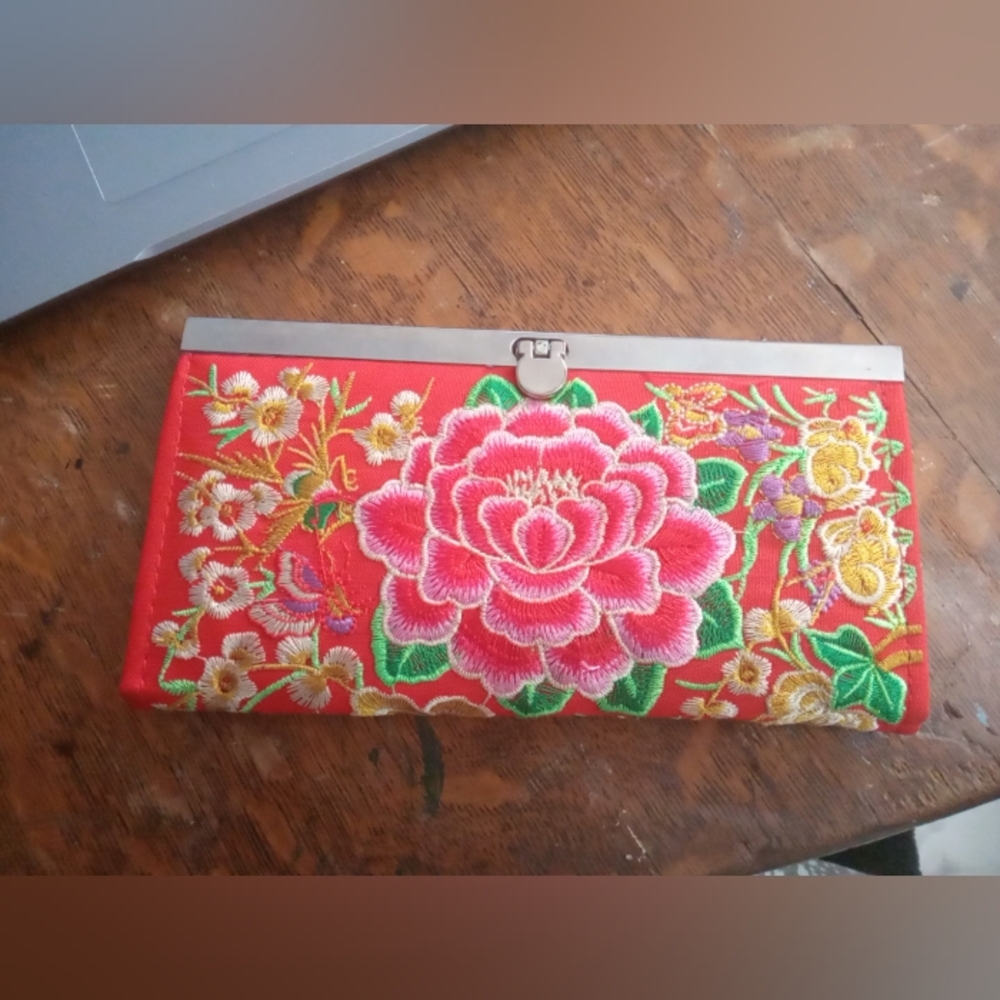 Embroidered Red Floral Clutch